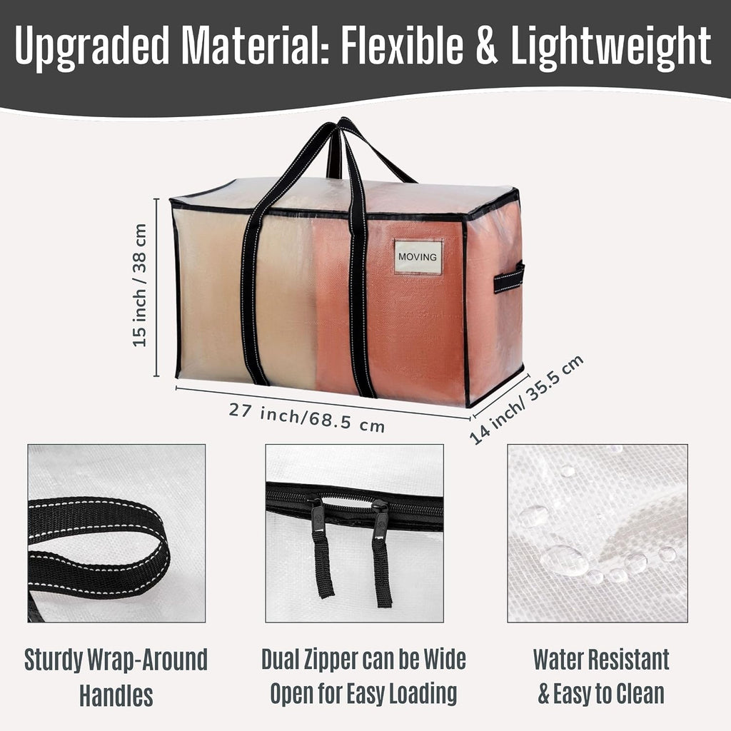 VENO 2 Pack Clear Moving Bags Heavy Duty, 90L Extra Large Transparent Storage Bags, 50lbs Loads, Zippers, Handles & Tag, Moving Boxes Alternative for College Dorm Essentials, Closet