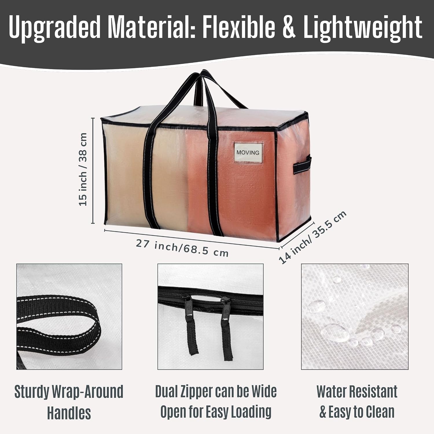 VENO 2 Pack Clear Moving Bags Heavy Duty, 90L Extra Large Transparent Storage Bags, 50lbs Loads, Zippers, Handles & Tag, Moving Boxes Alternative for College Dorm Essentials, Closet
