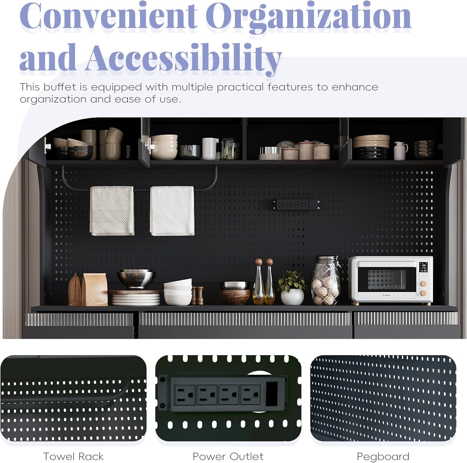 Large Pantry Cabinet with Hutch and Adjustable Shelves, Freestanding Coffee Bar Storage Cabinet with Drawers, Pegboard and Power Outlet for Kitchen, Dining Room (Black)