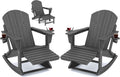 KINGYES Adirondack Rocking Chair Set of 2 with Retractable Ottoman and Cup Holders, HDPE Adirondack Rocker Patio Rocking Chair for Porch, Patio, Balcony, Leaden Grey