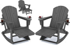 KINGYES Adirondack Rocking Chair Set of 2 with Retractable Ottoman and Cup Holders, HDPE Adirondack Rocker Patio Rocking Chair for Porch, Patio, Balcony, Leaden Grey