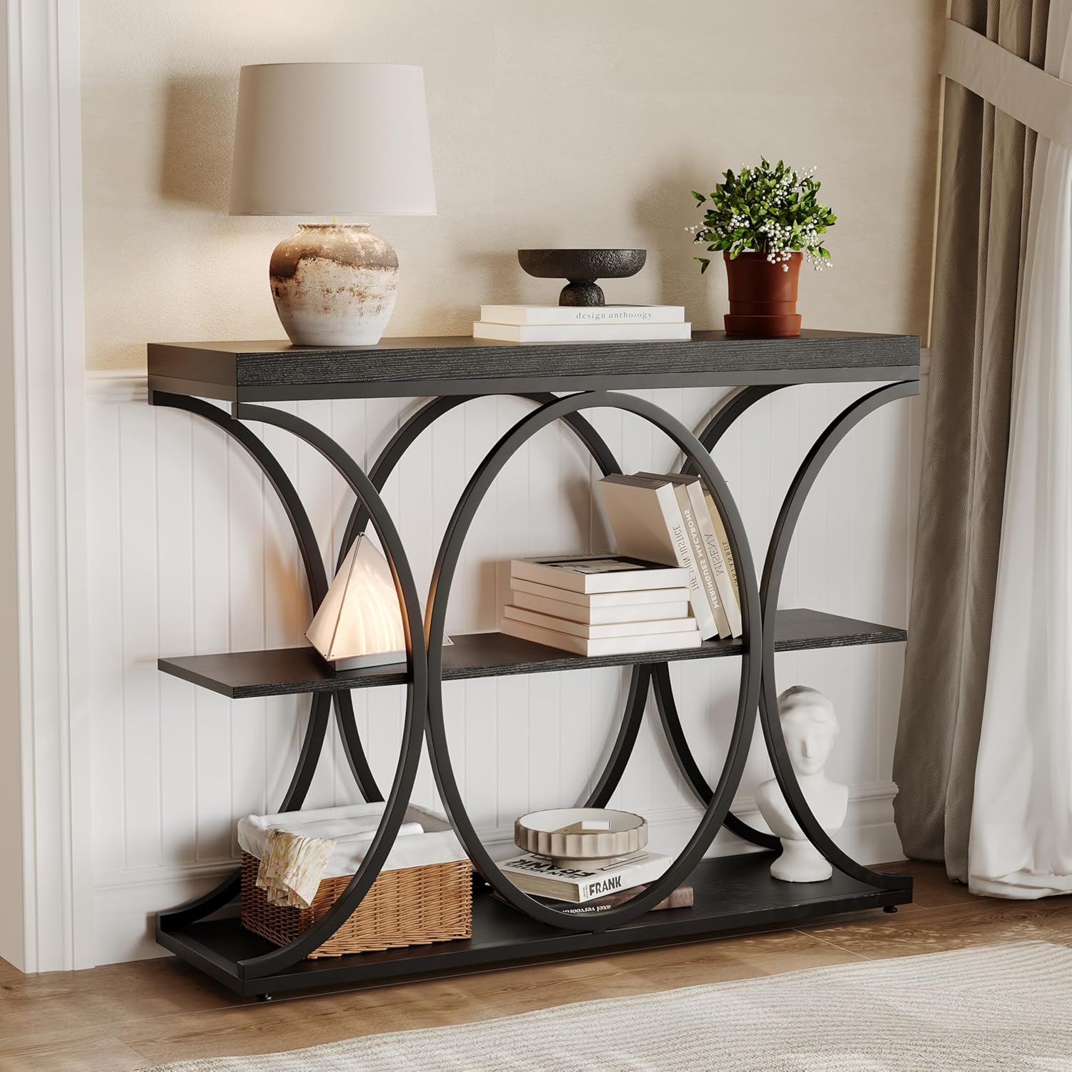 Garvee 39" Narrow Console Tables for Entryway, Industrial 3-Tier Sofa Table with Round Metal Base and Storage Shelves for Living Room, Hallway, Foyer, Black Wood Grain