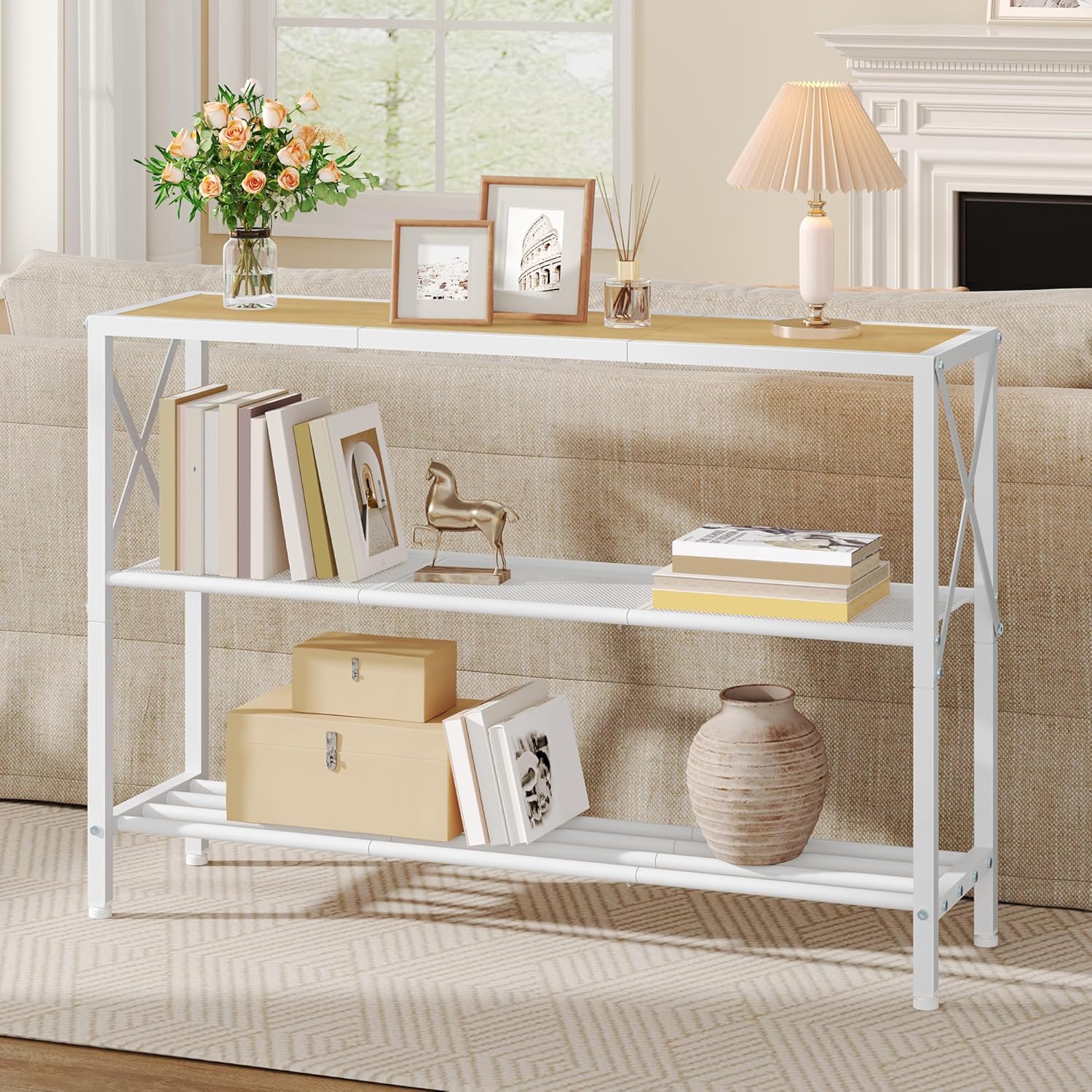Hoctieon Industrial Console Table, 3 Tier Entryway Tables, Hallway Desk, Narrow Sofa Tables with Shelves, Entrance Table for Entryway, Living Room, Foyer, Hallway, Office, Oak Beige