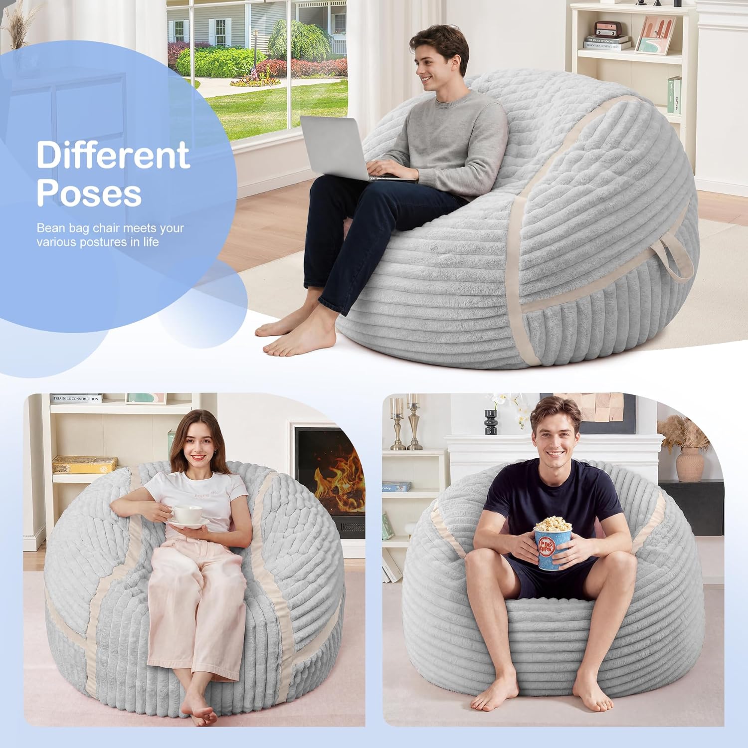 HABUTWAY Bean Bag Chair 3FT Big Bean Bag Chairs for Adults with Memory Foam Filled,3'Beanbag Chair with Soft Faux Fur Cover,Comfy Bean Bag Sofa for Classroom,Living Room,Bedroom-Light Grey&White