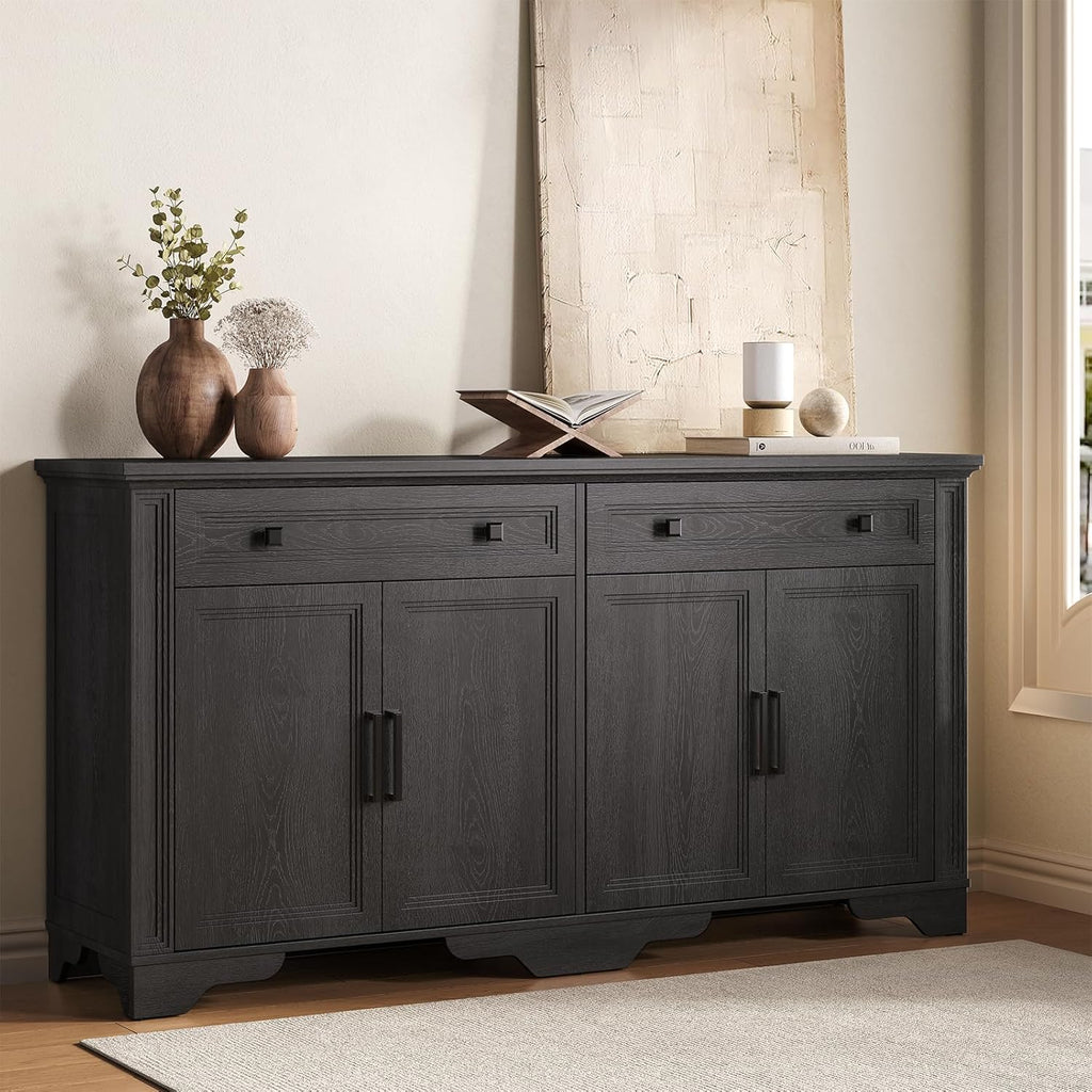 ONBRILL 63" Sideboard Buffet Cabinet, Kitchen Buffet Storage Cabinet, Large Credenza with Drawers & Doors, Wood Coffee Bar Console Wine Bar for Living Room Hallway Black