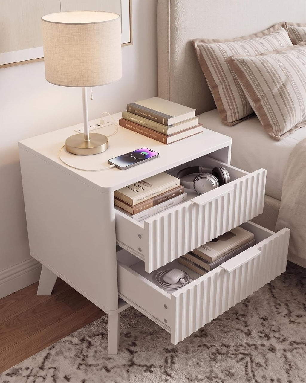 Curved Fluted Bedside Table with Charging Station, 18" End Table with 2 Storage Drawers, Sturdy Wood Side Table for Bedroom, Living Room, Small Spaces, Modern Home Decor,White