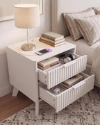 Curved Fluted Bedside Table with Charging Station, 18" End Table with 2 Storage Drawers, Sturdy Wood Side Table for Bedroom, Living Room, Small Spaces, Modern Home Decor,White