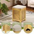 Bamboo End Table with Removable Cushion and Hidden Storage, 2-in-1 Ottoman Side Table with Breathable Grid Design for Small Space, Living Room, Bedroom, Balcony, Entryway