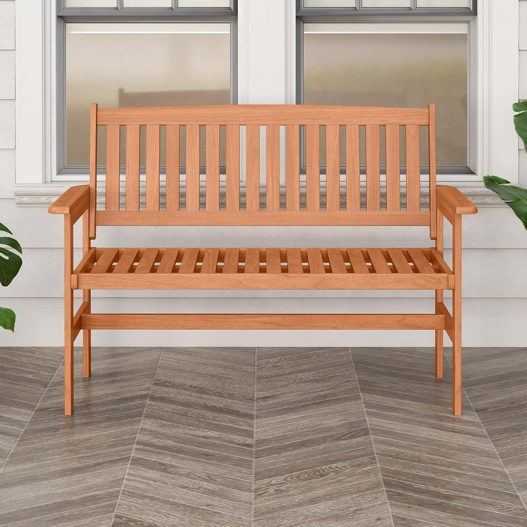 Tangkula Wooden Garden Bench, 2-Person Patio Loveseat with Slatted Backrest and Comfortable Armrests, Outdoor Bench for Porch, Backyard and Park, 530 lbs Weight Capacity