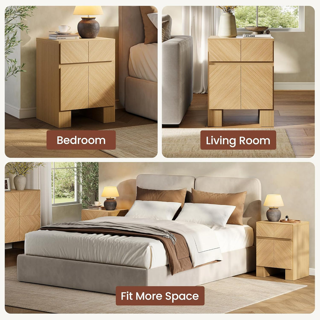 ModernMate 23.5" Tall Modern Nightstand, Wood Bedside Table with Drawer, USB-C Port, Wooden Night Stand End Table for Bedroom, Sofa, Chevron Pattern Design, Stable Legs, Natural Oak