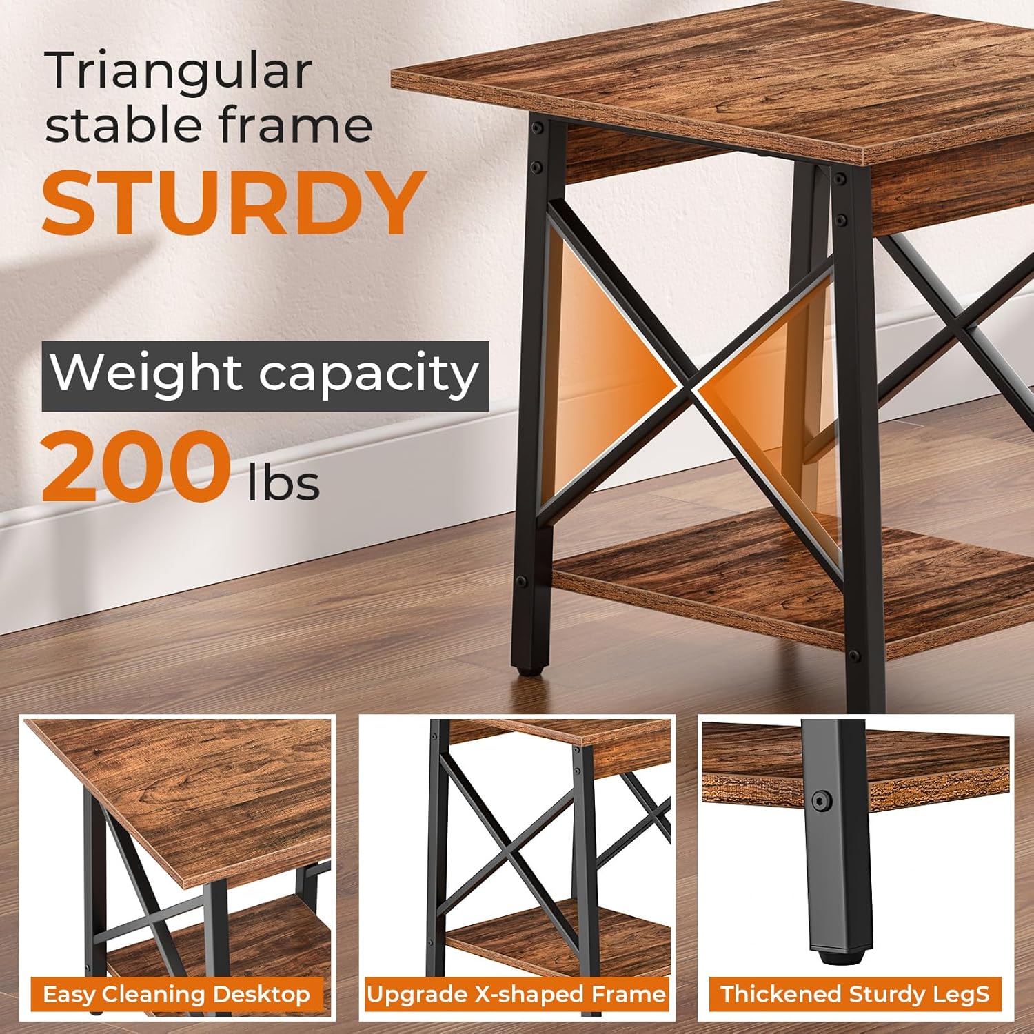 GreenForest Square End Table for Living Room, 20 Inch Large Side Table with X-Frame, Farmhouse Tall Bedside Nightstand with 2-Tier Storage Shelf, Rustic Walnut