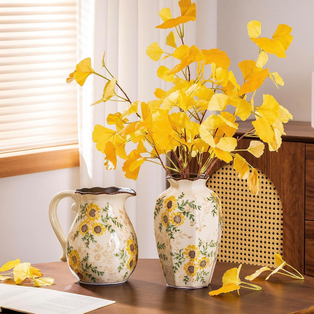 Sunflower Vintage Ceramic Yellow Floral Pitcher Vase with Handle 7.9”, Rustic Farmhouse Chinoiserie Vase, Grandmillennial Decor for Living Room, Bookshelf, Mantel Decor, Mom Gift