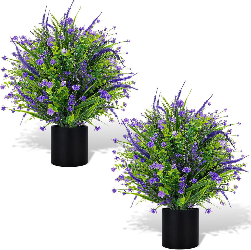 Artificial Lavender Flower Topiary Trees for Front Door UV Resistant Faux Outdoor Potted Plants, Spring Summer Greenery Fake Bushes for Front Door Farmhouse Garden Porch Outdoor Decor (Purple Flower)