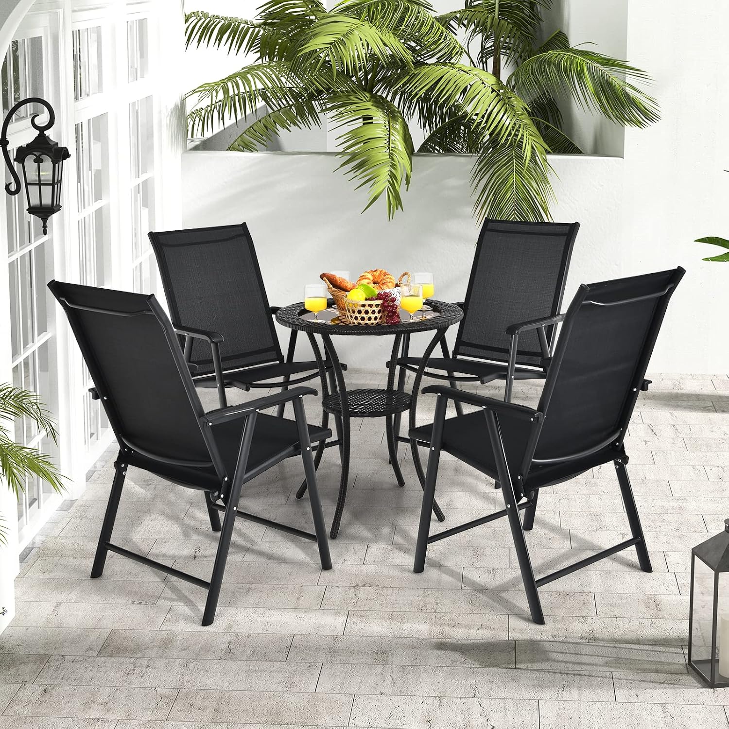Tangkula Set of 6 Patio Folding Chairs, Outdoor Fabric Dining Chairs with High Back & Armrests, Sturdy Metal Frame for Patio Lawn Garden (Black)
