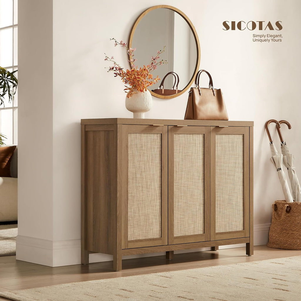 SICOTAS Rattan Buffet Cabinet with Storage 43.5" Sideboard Cabinet with 3 Doors & Adjustable Shelves Wood Sideboard Credenza Storage Cabinets for Entryway Living Room Reclaimed Caramel Oak