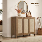 SICOTAS Rattan Buffet Cabinet with Storage 43.5" Sideboard Cabinet with 3 Doors & Adjustable Shelves Wood Sideboard Credenza Storage Cabinets for Entryway Living Room Reclaimed Caramel Oak