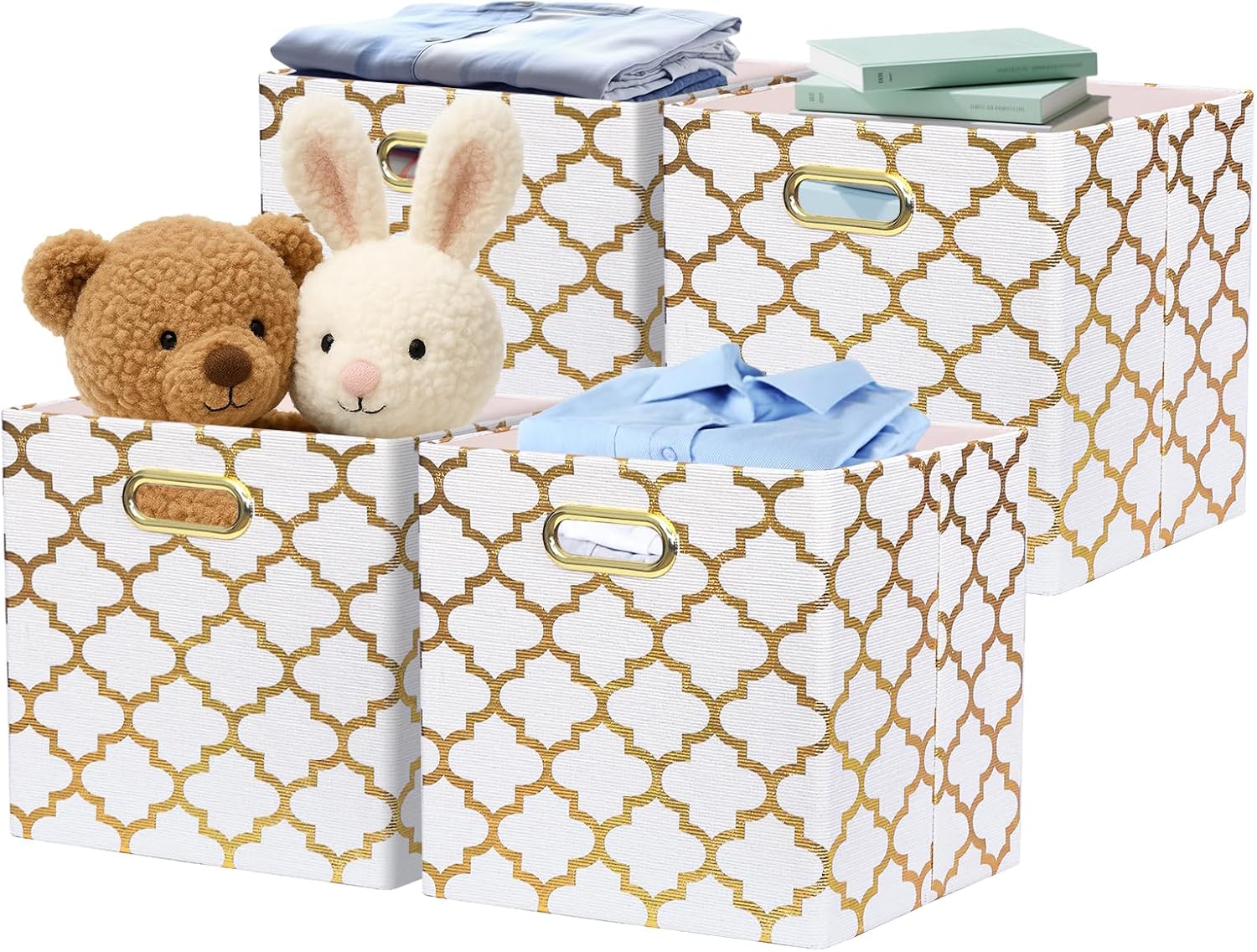Posprica 13x13x13 Storage Cube Bins, Collapsible Storage Bins Fabric Storage Cubes Organizer Baskets Box Drawers for Shelves, Closet, Wardrobe, Bookshelf, Cabinet, Cream/Gold Lantern, 4 Pack