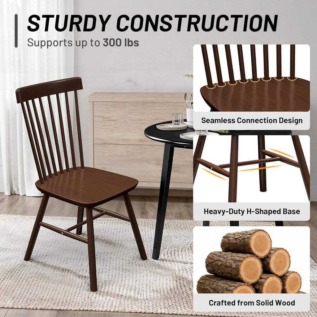 AreShark Windsor Dining Chairs, Farmhouse Wooden Dining Room Chairs, Solid Wood Kitchen Chairs with Spindle Back Set of 4, Brown