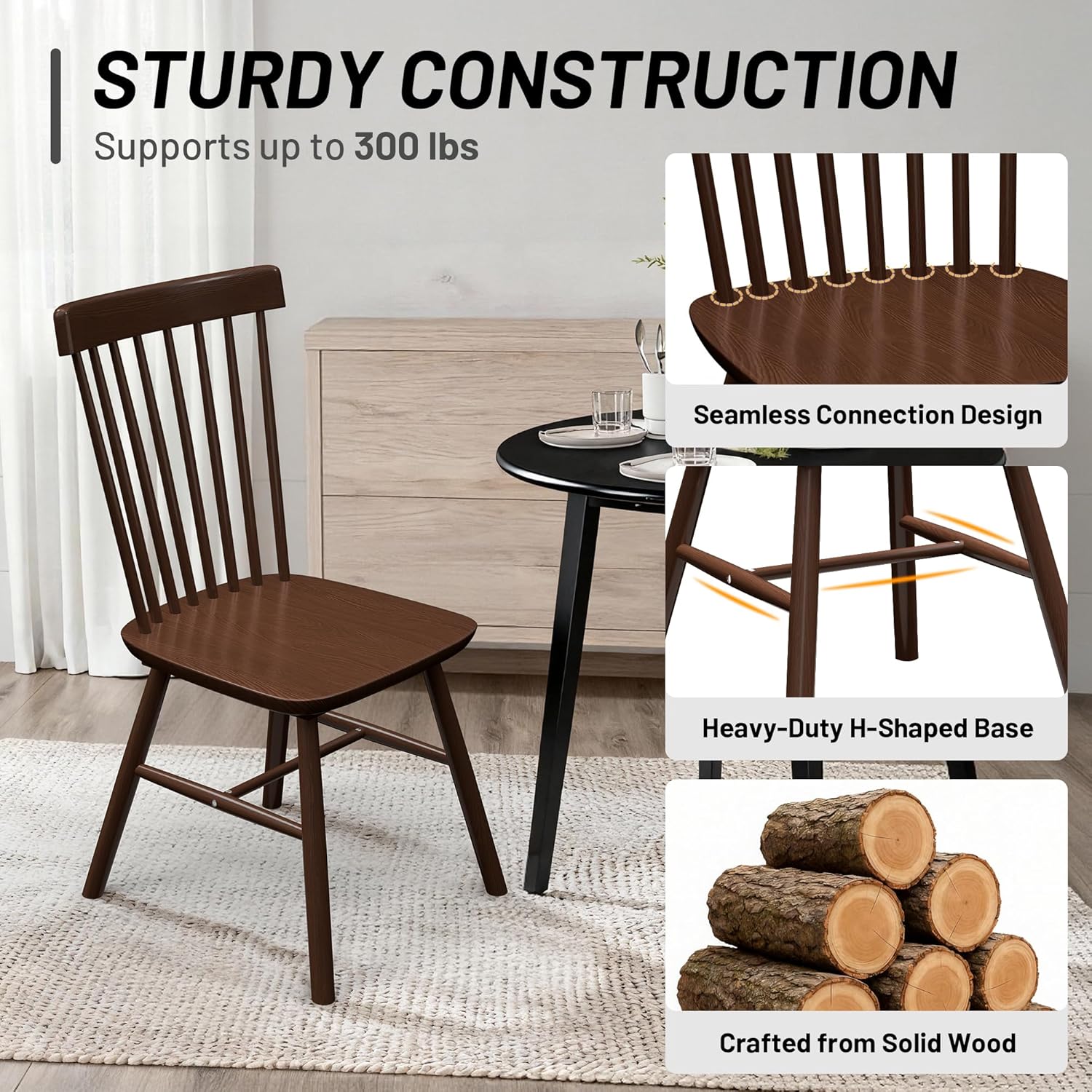 AreShark Windsor Dining Chairs, Farmhouse Wooden Dining Room Chairs, Solid Wood Kitchen Chairs with Spindle Back Set of 4, Brown