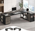 78" Executive Desk with Lockable File Cabinet, L Shaped Office Desk with Power Outlets, Large Executive Desk with Drawers and Storage Shelves , Reversible Computer Desk with Privacy Screen, Grey