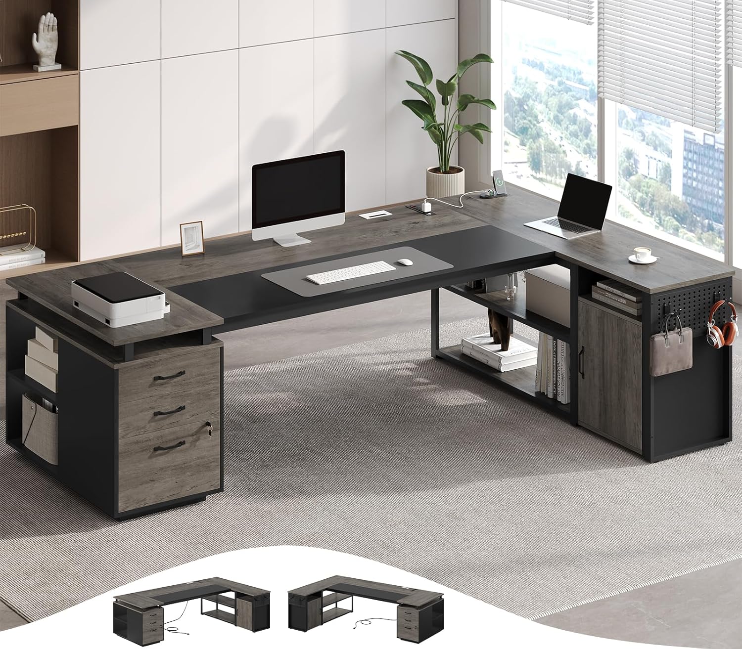 78" Executive Desk with Lockable File Cabinet, L Shaped Office Desk with Power Outlets, Large Executive Desk with Drawers and Storage Shelves , Reversible Computer Desk with Privacy Screen, Grey