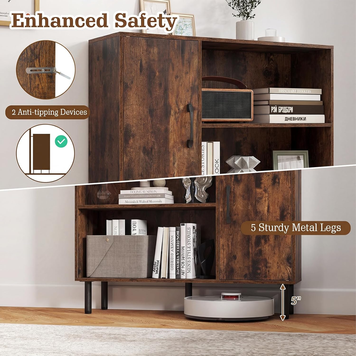 Giantex 47-Inches Storage Cabinet with Doors, Open Shelves, Anti-Tipping Device, 4-Tier Bookcase for Books & Photos, Tall Cupboard, Floor Cabinet for Living Room, Kitchen Buffet Sideboard (Brown)