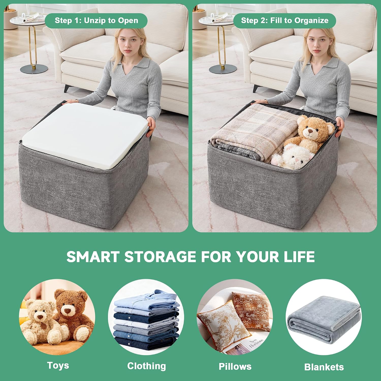 23.6'' Square Pouf Boneless Ottoman Foot Rest with High-Rebound Solid One-Piece Foam and Removable Washable Cover for Living Room, Gaming, Movie Watching - Grey