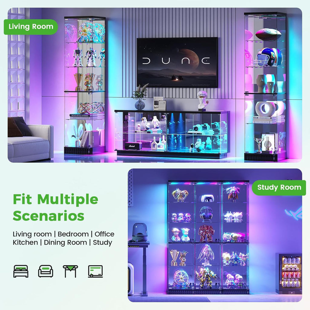 HNEBC Glass Display Cabinet, LED Display Case with RGB Lighting, Lockable Curio Cabinet with Explosion-Proof Glass Doors for Collectibles,5-Tier China Cabint with Motion Sensor Light-Black