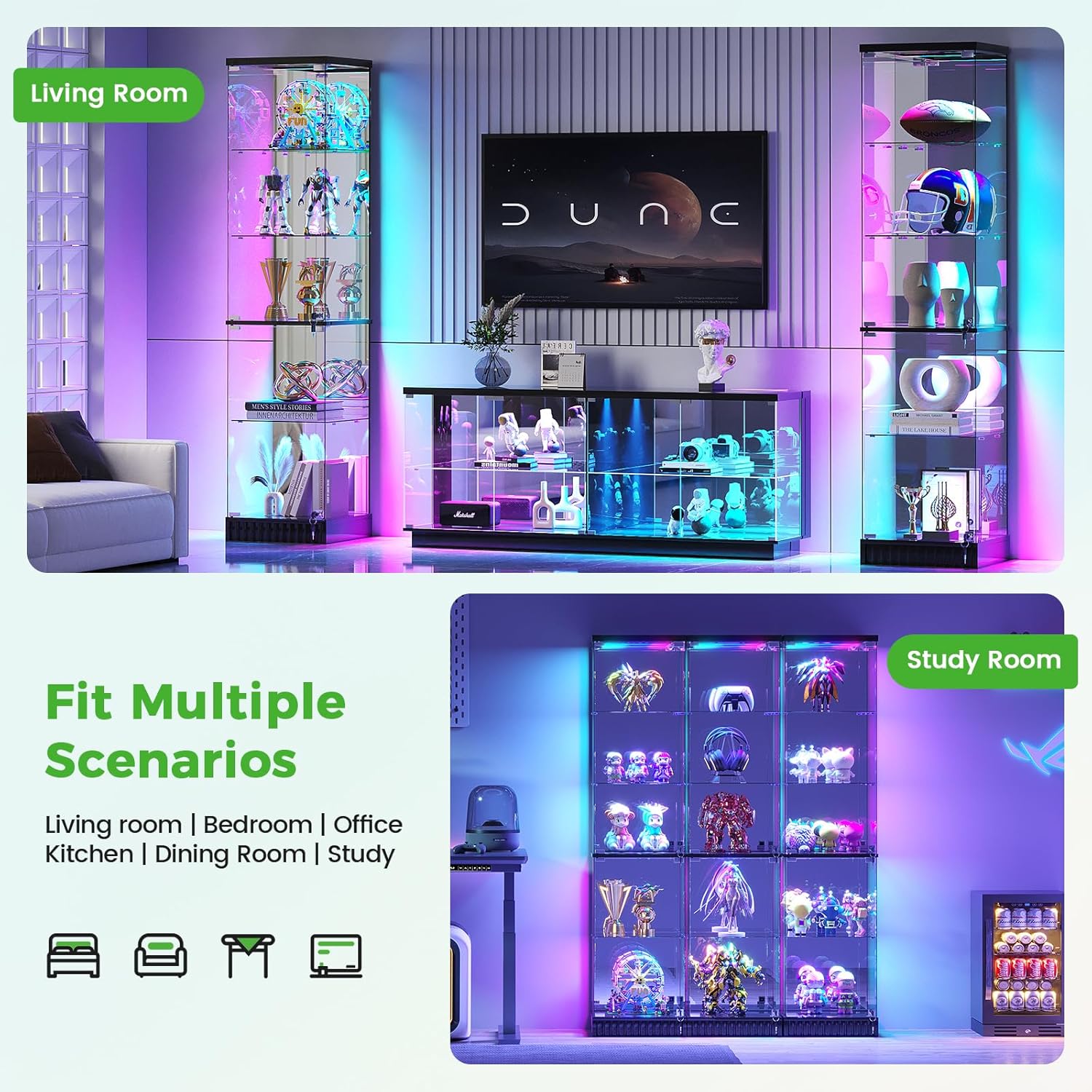 HNEBC Glass Display Cabinet, LED Display Case with RGB Lighting, Lockable Curio Cabinet with Explosion-Proof Glass Doors for Collectibles,5-Tier China Cabint with Motion Sensor Light-Black