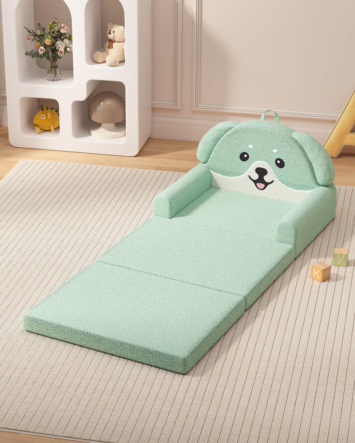 YACODAVO 2-in-1 Kids Couch, Soft Toddler Couch Fold Out for Girl and Boys, Dog Design Foldable Kids Sofa to Lounger, Convertible Kids Chairs Comfy, Gift for Birthday, Children's Day, Green