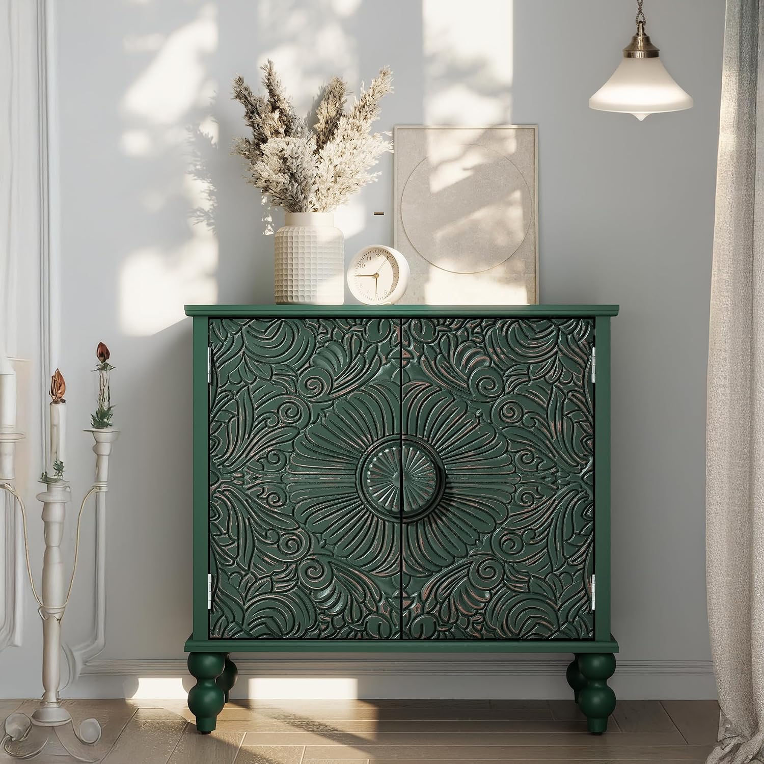 Buffet Cabinet with Storage, Accent Cabinet with 2 Carved Doors, Solid Wood Sideboard with Adjustable Shelf, Vintage Cabinets for Kitchen, Living Room, Entryway, Green