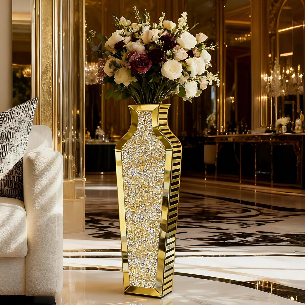SHYFOY Gold Crushed Diamond Floor Vase, Large Mirrored Tall Vases for Floor, Modern Glass Decorative Vases for Living Room Bedroom Home Corner Indoor Office, 26.8" Tall