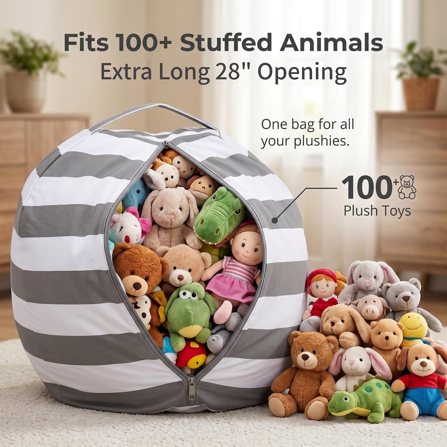 Amzlink® Stuffed Animal Storage Bean Bag Chair Cover for Kids - Stuffable Zipper Beanbag for Organizing Children Plush Toys, Heavy Duty Large Cotton Canvas, Grey, Ideal for Bedroom Playroom Classroom