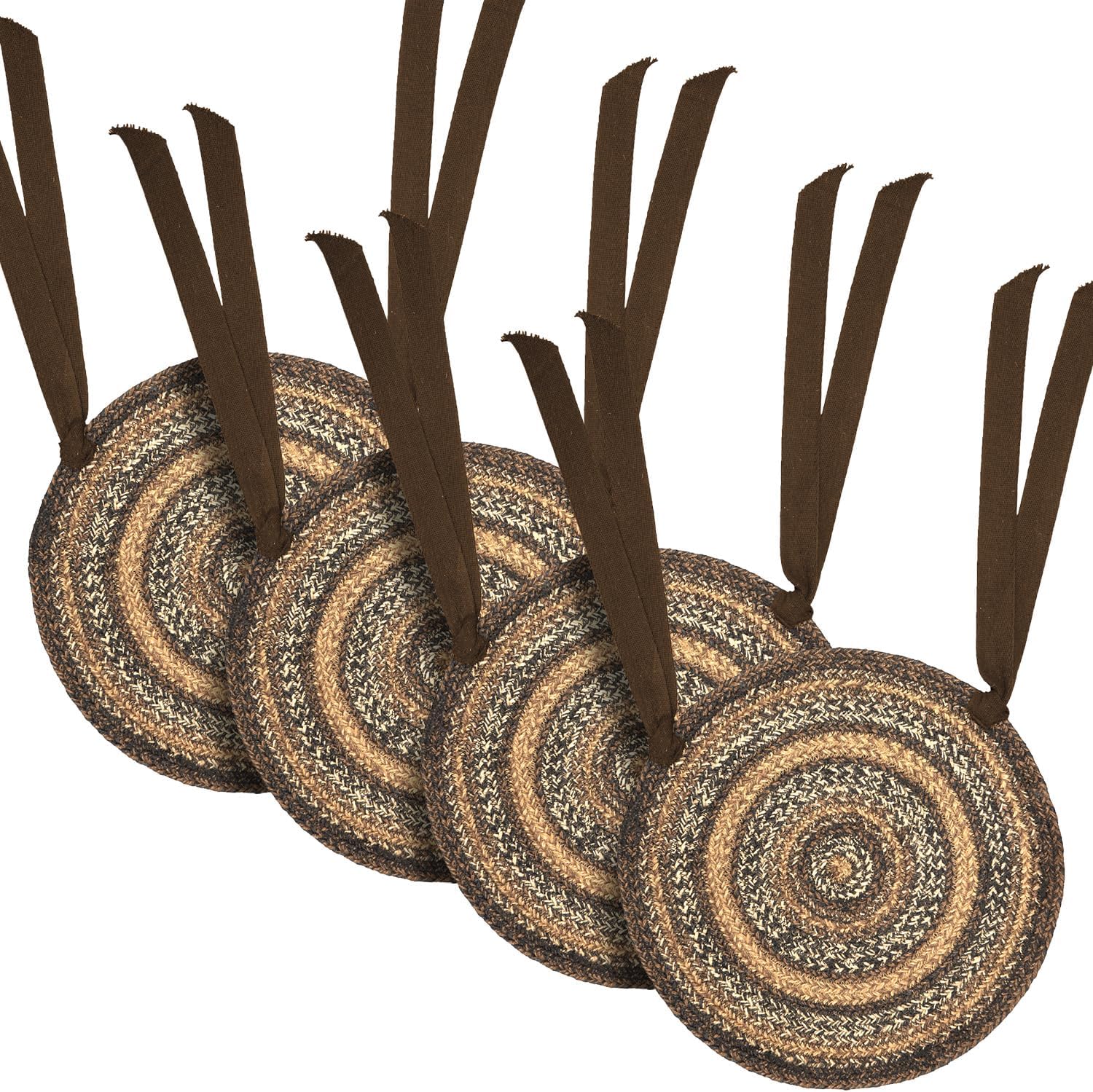 VHC Brands Espresso Round Seat Cushion Chair Pad, Brown Black Tan, Jute Blend with Ties, 15x15 Inches, Set of 4