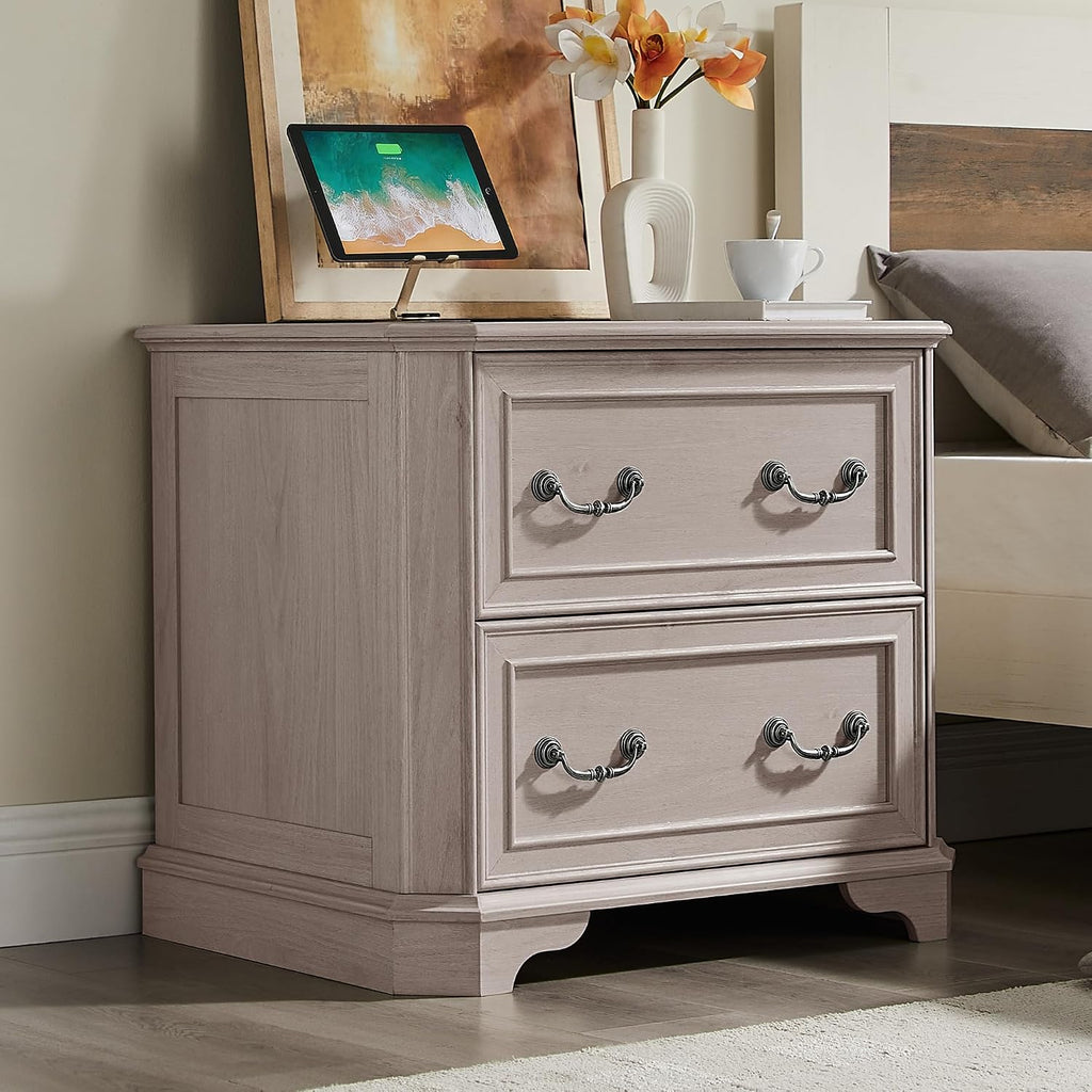 T4TREAM 30" Farmhouse Nightstand Set of 2 w/Charging Station | Large End Table, 2 Spacious Drawers Bedside Table, Wooden Night Stand for Bedroom, Living Room, White Alder