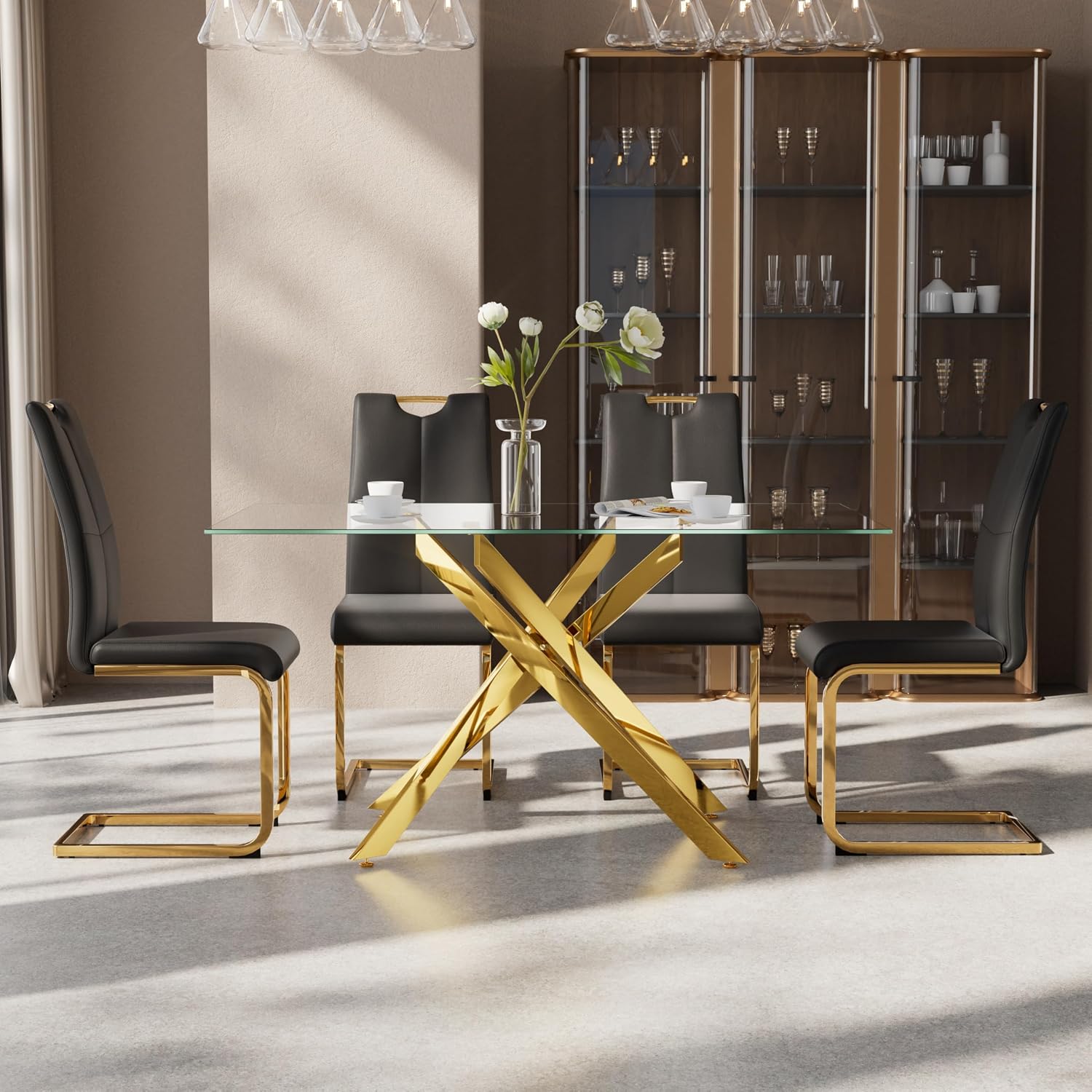 5-Piece Dining Table Set for 4, Modern Rectangular Glass Table with 4 Upholstered Leather Chairs, Space-Saving Dining Room Furniture Table & Chair Sets for Small Spaces & Apartment(Black&Gold)