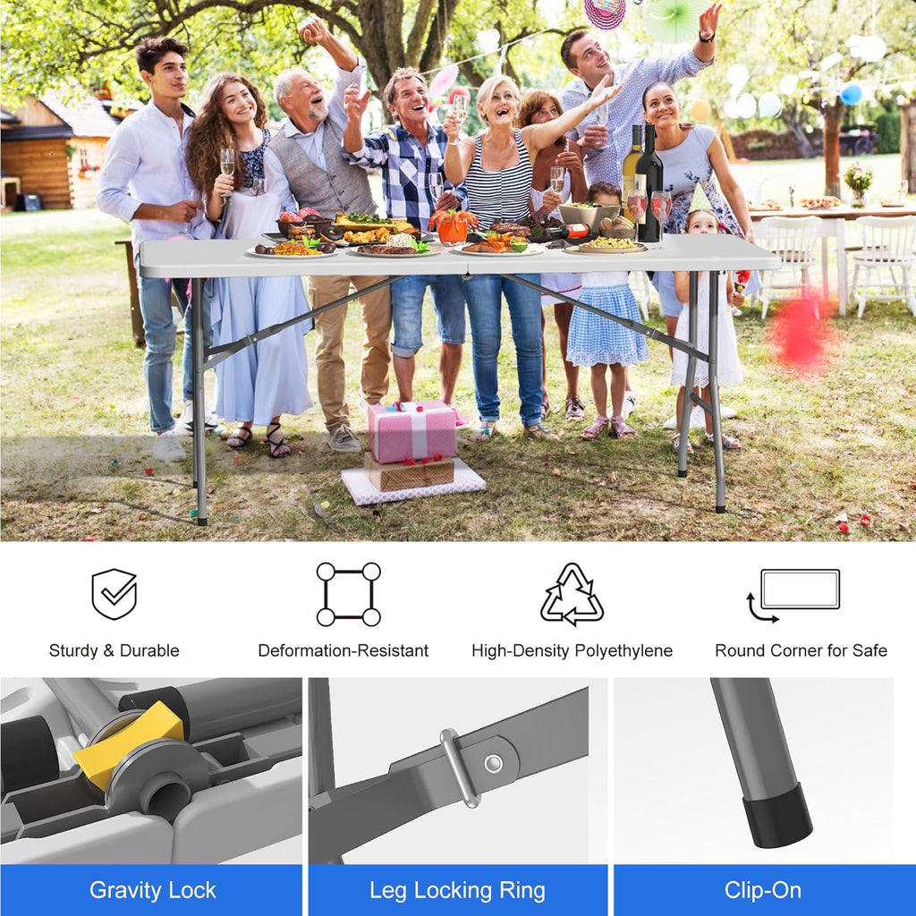 6FT Folding Table, Plastic Foldable Table for Indoor Outdoor, Heavy Duty Portable Dinning Tables with Carrying Handle, Utility Tables for Party, Camping, Banquet, Wedding, Events, Picnic, White