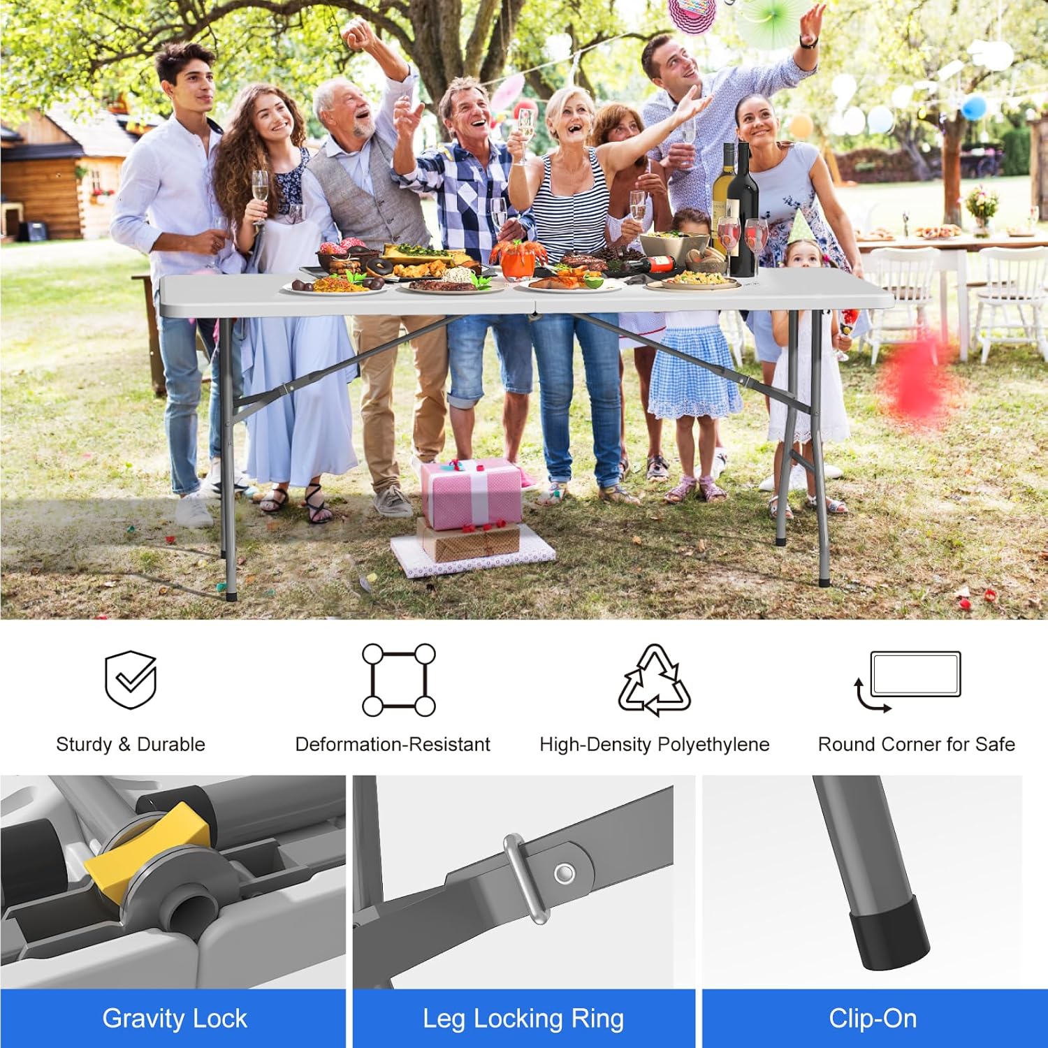 6FT Folding Table, Plastic Foldable Table for Indoor Outdoor, Heavy Duty Portable Dinning Tables with Carrying Handle, Utility Tables for Party, Camping, Banquet, Wedding, Events, Picnic, White