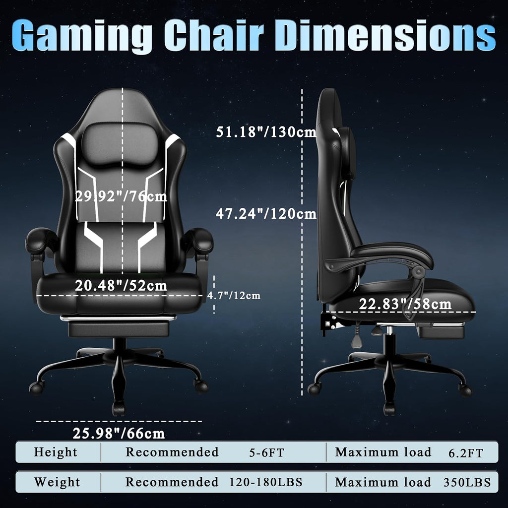Ergonomic Gaming Chair, Video Game Chair with Pocket Spring Cushion and Footrest, Height Adjustable Computer Chair with Swivel Seat and Headrest (White)