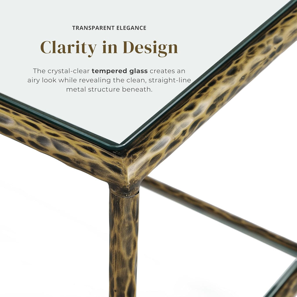 24/7 Shop at Home Lalia Modern 30-inch Metal End Table with Tempered Glass Top and Shelf, Hammered Steel Frame for Living Room, Matte Gold