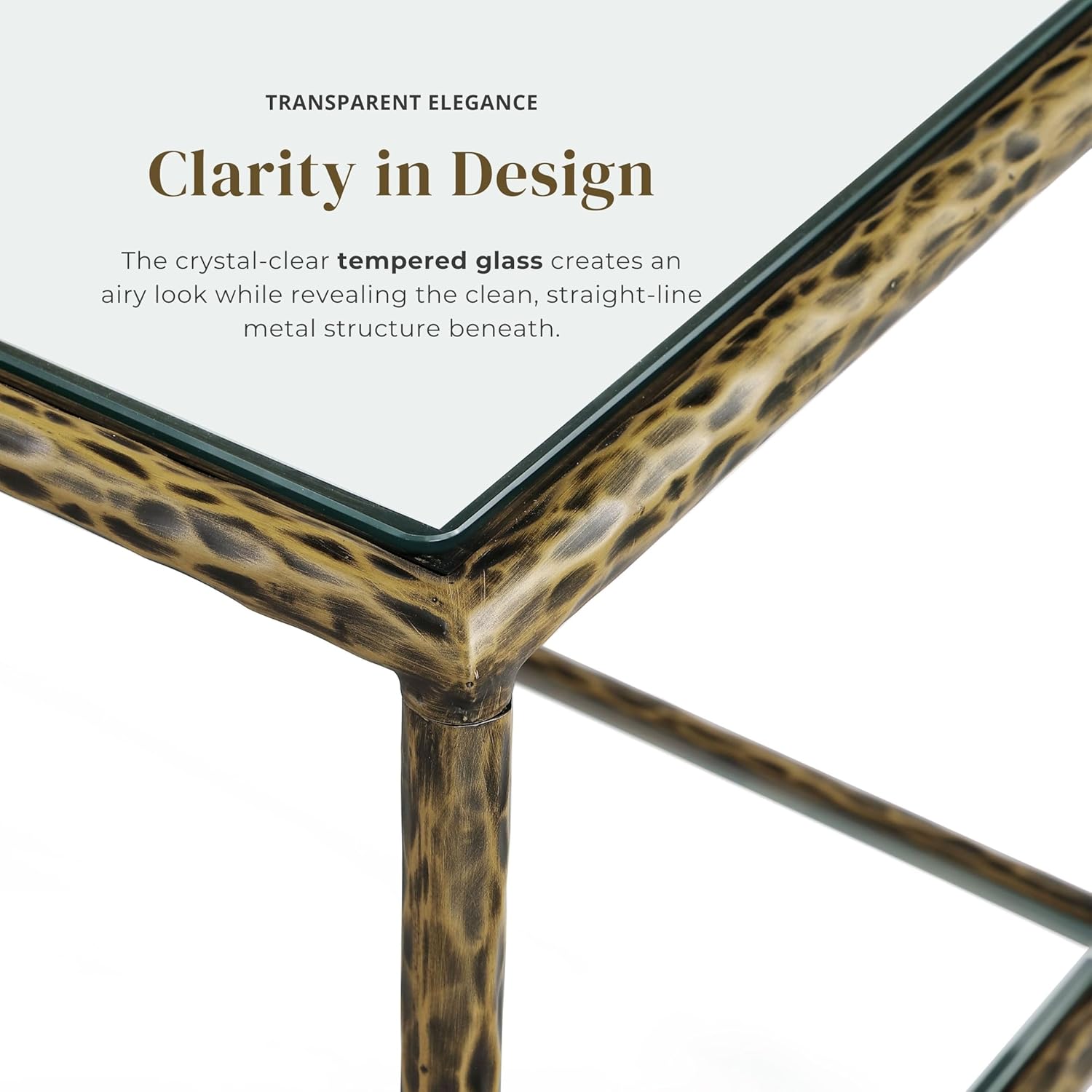 24/7 Shop at Home Lalia Modern 30-inch Metal End Table with Tempered Glass Top and Shelf, Hammered Steel Frame for Living Room, Matte Gold