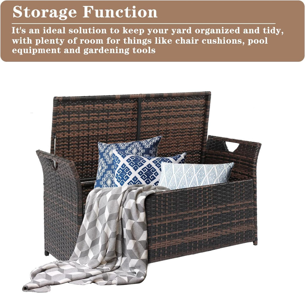 Outdoor Storage Bench, Wicker Rattan Deck Box with 2-Inch Thick Soft Cushion, Water Resistant Cushion Cover with Zipper for Patio Backyard Deck Poolside, Brown Gradient, 42 Inch