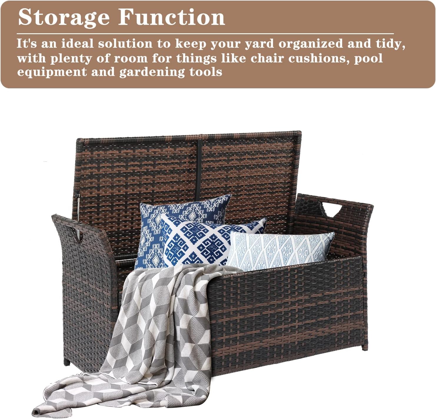Outdoor Storage Bench, Wicker Rattan Deck Box with 2-Inch Thick Soft Cushion, Water Resistant Cushion Cover with Zipper for Patio Backyard Deck Poolside, Brown Gradient, 42 Inch