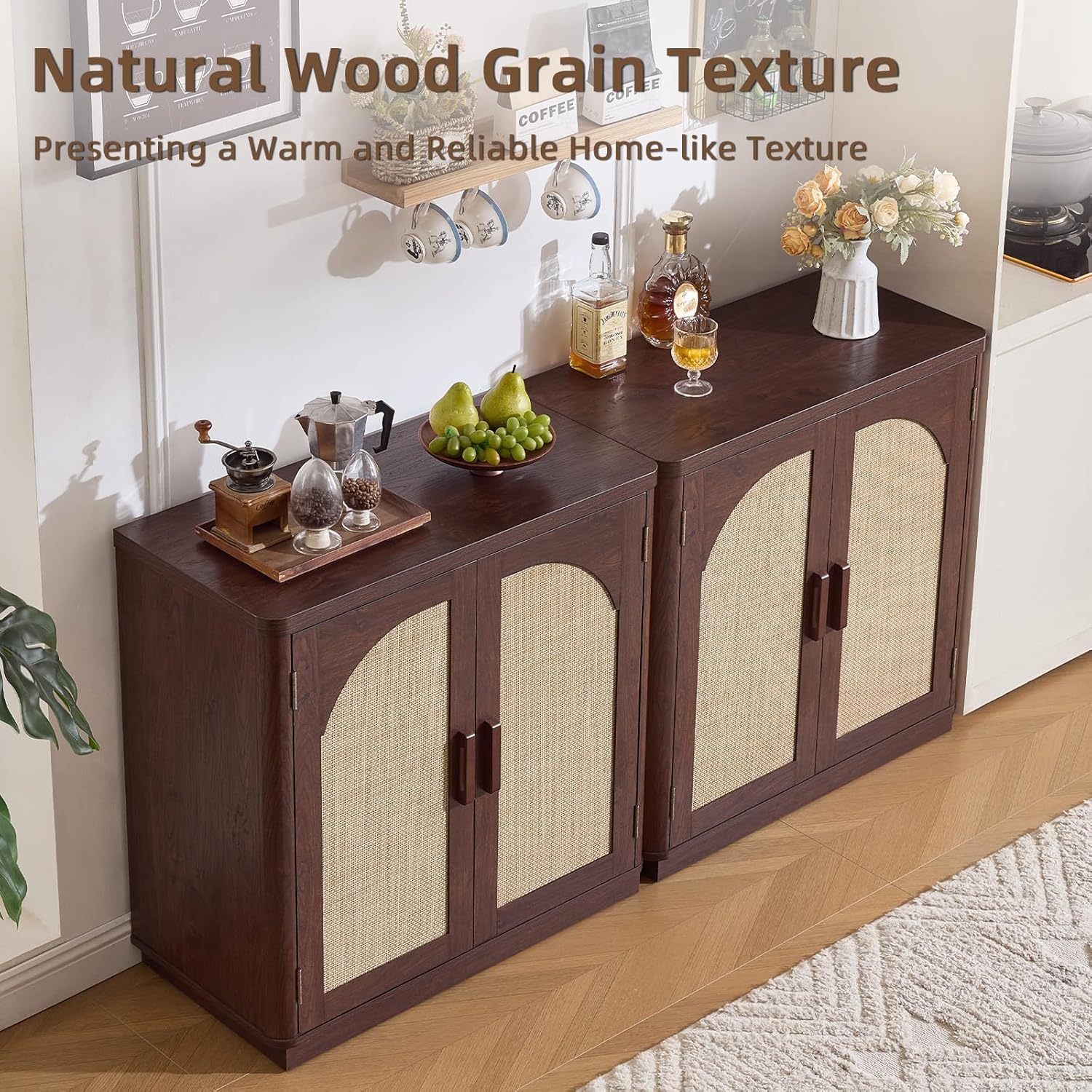 LEYAOYAO Rattan Sideboard Buffet Cabinet with Storage, 31.5" Coffee Bar Cabinet with Arch Doors & Adjustable Shelves, Wood Credenza, Boho Accent Cabinet for Kitchen, Living Room, Walnut