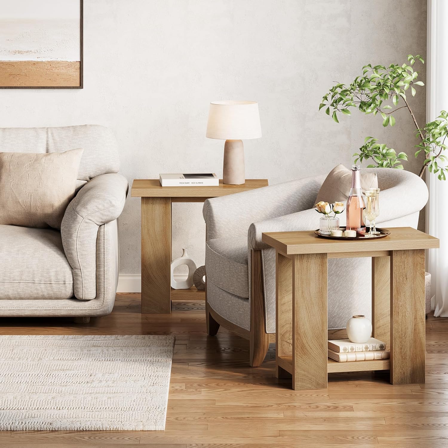 LITTLE TREE 2-Tier Side Table, Farmhouse End Table with Storage Shelves, Small Nightstand Wooden Beside Table Bed Side Table for Small Spaces, Living Room, Bedroom, Light Brown
