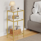 Side Tables Set of 2, Tempered Glass End Table with Metal Frame, 3-Tier Small Nightstands with Storage Shelves,Tall Table Stand for Home Decor, Living Room, Bedroom, Office, Gold（2 Pack）