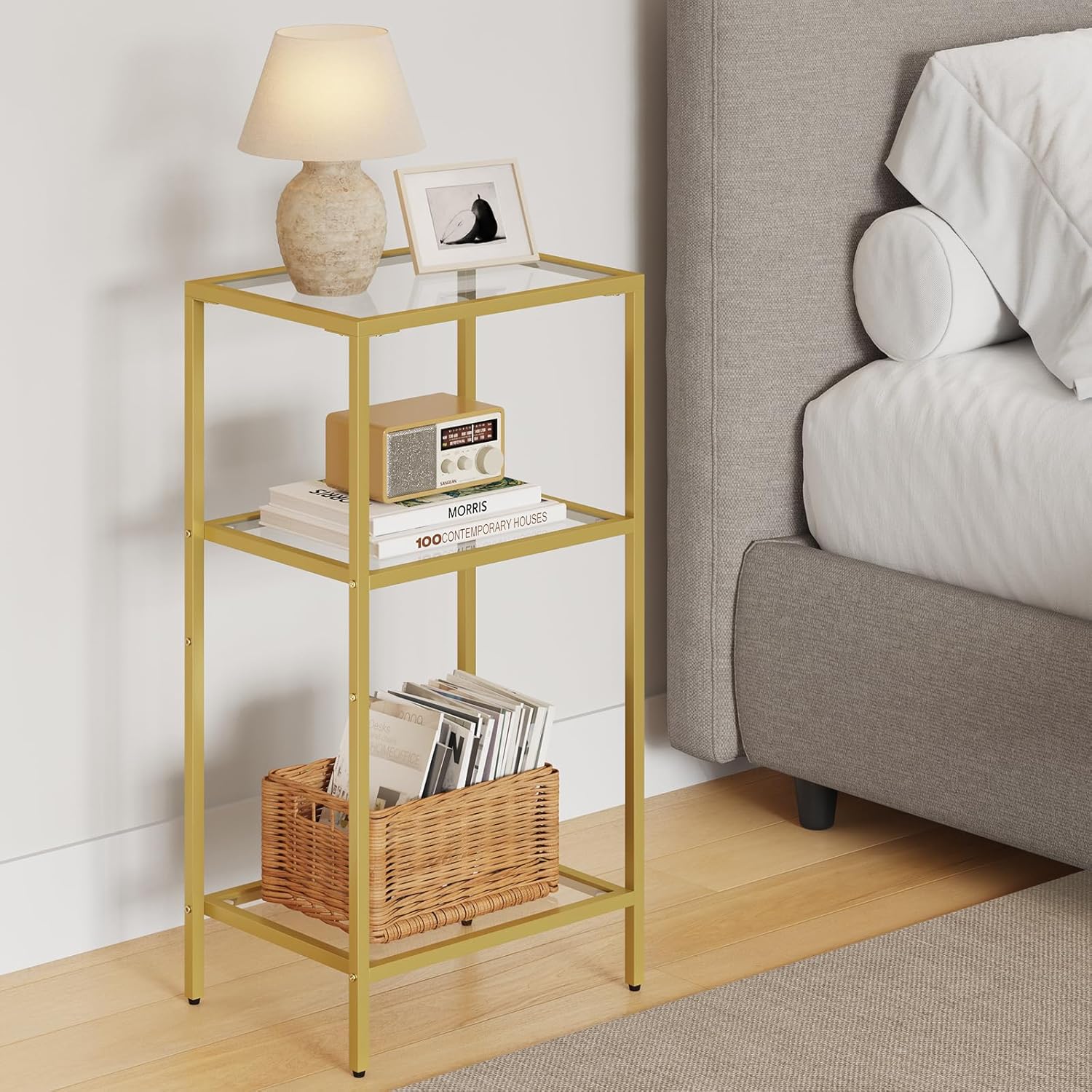 Side Tables Set of 2, Tempered Glass End Table with Metal Frame, 3-Tier Small Nightstands with Storage Shelves,Tall Table Stand for Home Decor, Living Room, Bedroom, Office, Gold（2 Pack）