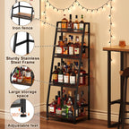 4-Tier Trapezoid Liquor Stand for Home Bar, Stepped Wine Rack Freestanding Floor Liquor Cabinet for Whiskey Wine, Versatile Corner Wine Bottle Display Stand with Fences, Vintage Brown（Patent Pending）