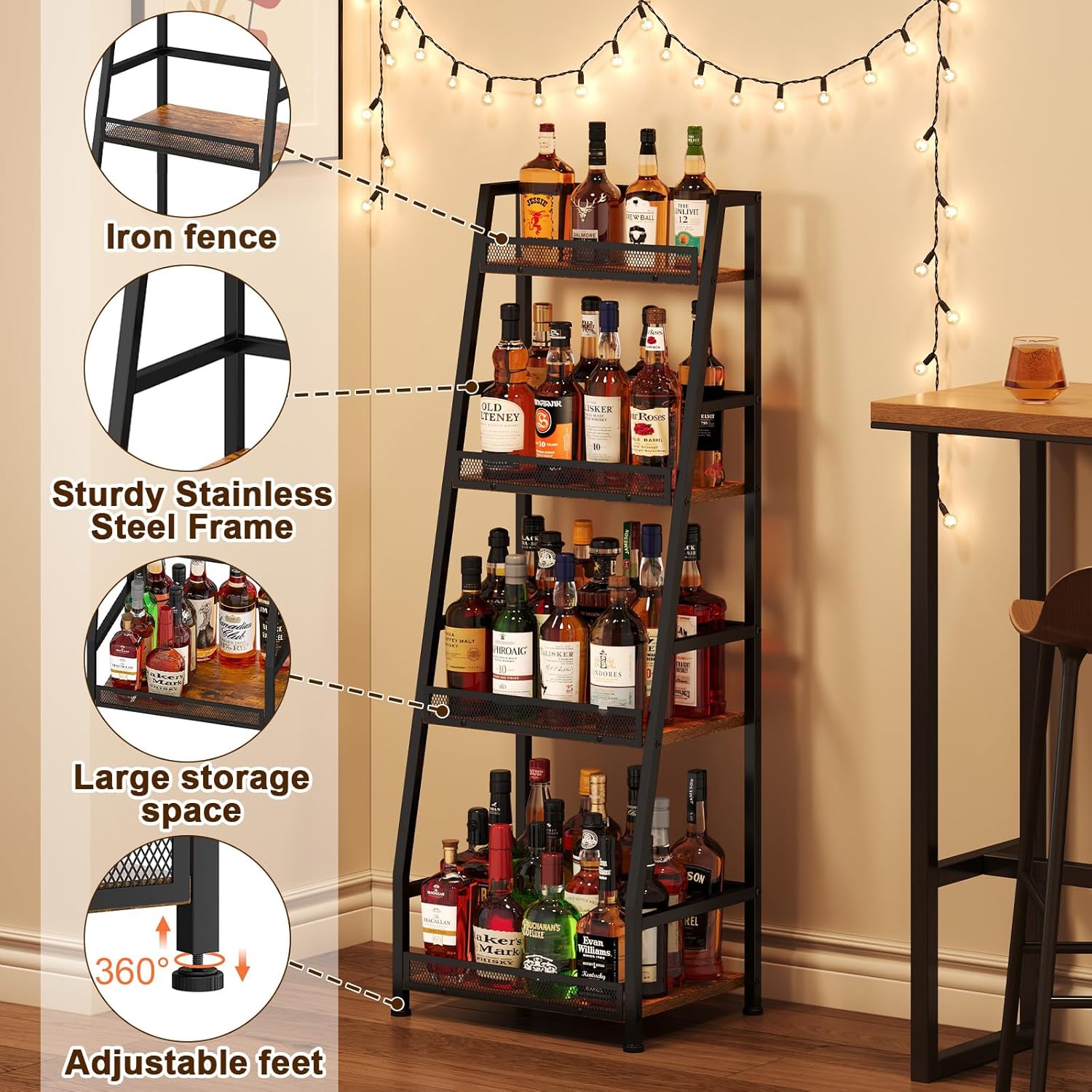4-Tier Trapezoid Liquor Stand for Home Bar, Stepped Wine Rack Freestanding Floor Liquor Cabinet for Whiskey Wine, Versatile Corner Wine Bottle Display Stand with Fences, Vintage Brown（Patent Pending）