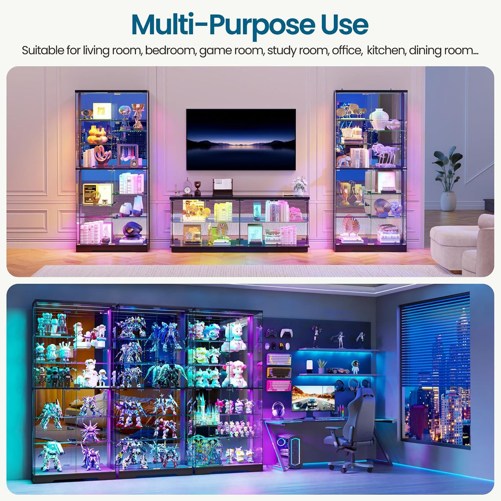 10-Tier Glass Display Cabinet with RGB Light&Auto Sensor,Gaming Room,Black | 71''H Lockable Curio Cabinet with Glass Doors,China Cabinets with Removable Shelves for Collectibles,Lighted Showcase